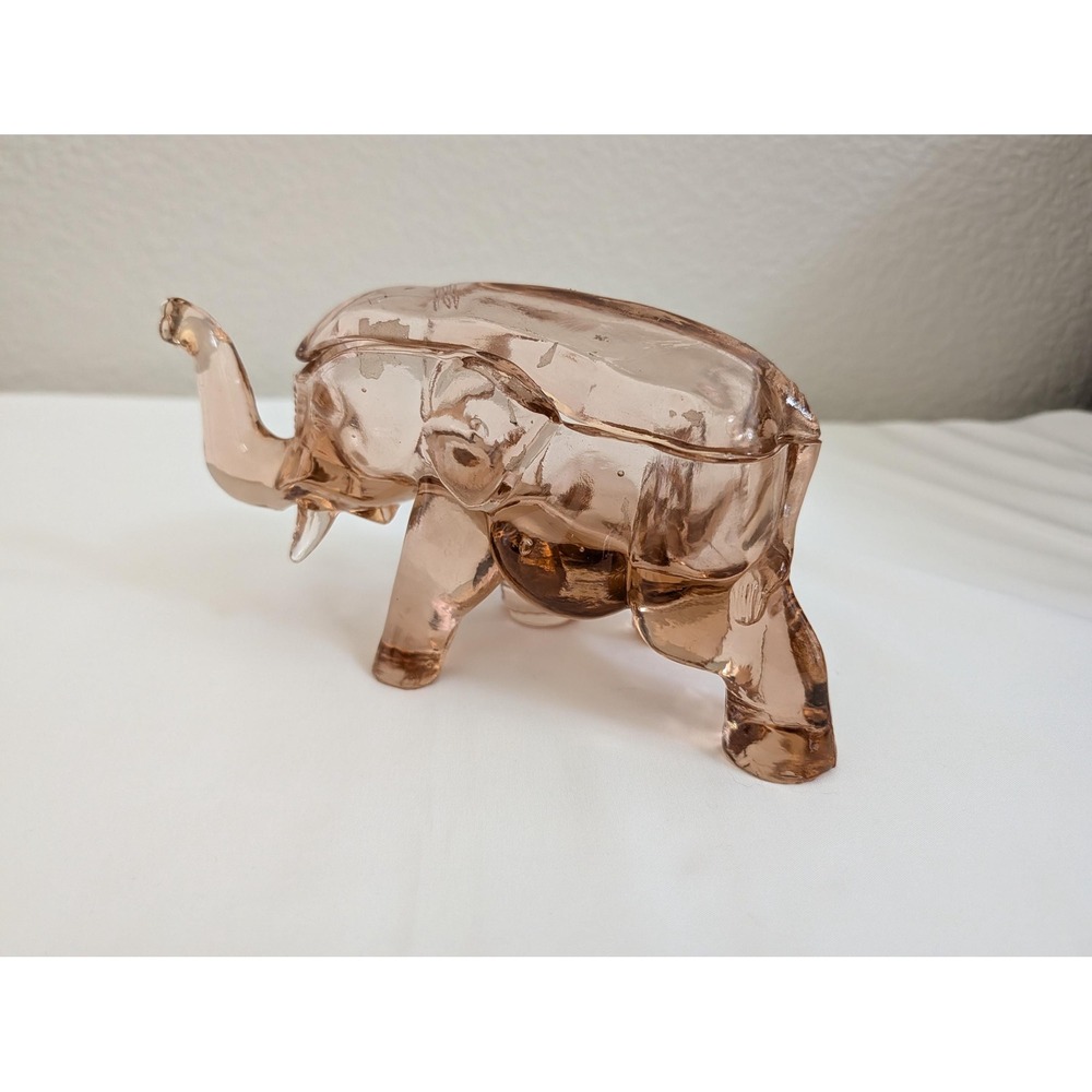 VTG Hocking Glass Pink Elephant Candy Dish w Lid Rose Depression Glass